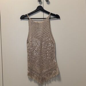 2B Bebe Tan Crochet Fringe Blouse